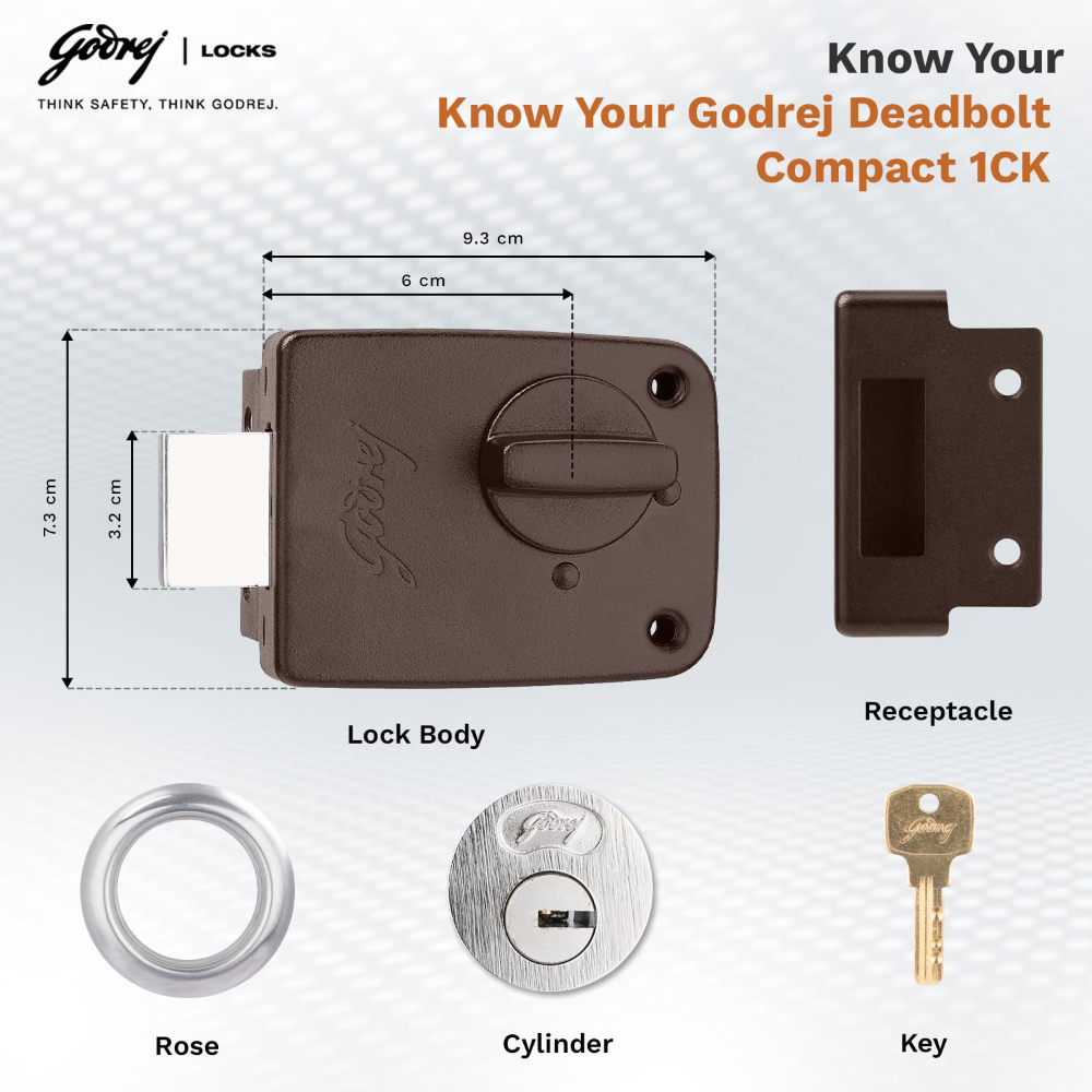 Godrej Rim Lock I Deadbolt Compact I 1CK Deadbolt I for Inside Opening Wooden Main Door | Left Right Handed Doors I 3 Keys I 1 Years Warranty I Textured Brown Finish